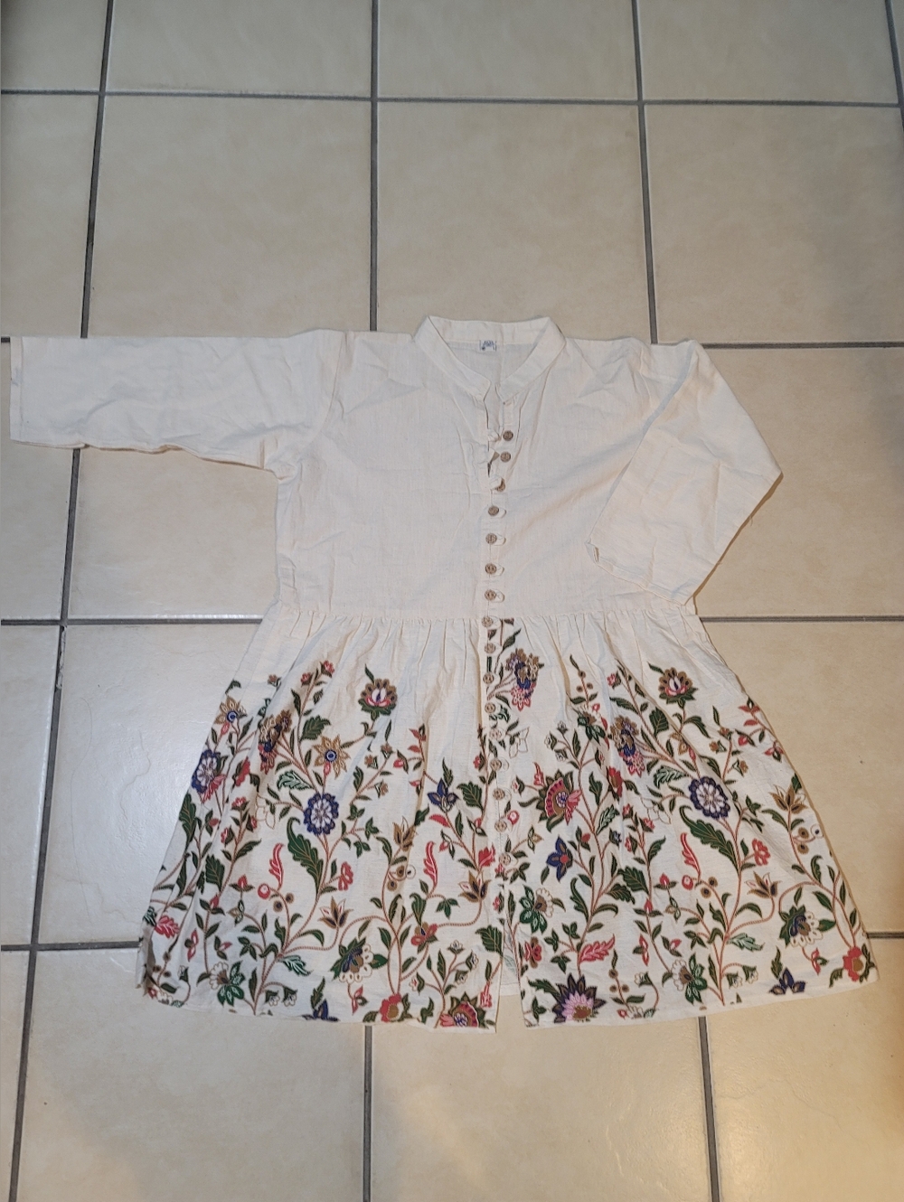 Indian Cotton Floral Tunic Dress Junior L Boho Kurta Style Wood Buttons Cream
